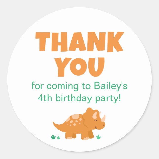 Orange Dinosaur Birthday Party Thank You Classic Round Sticker (Front)