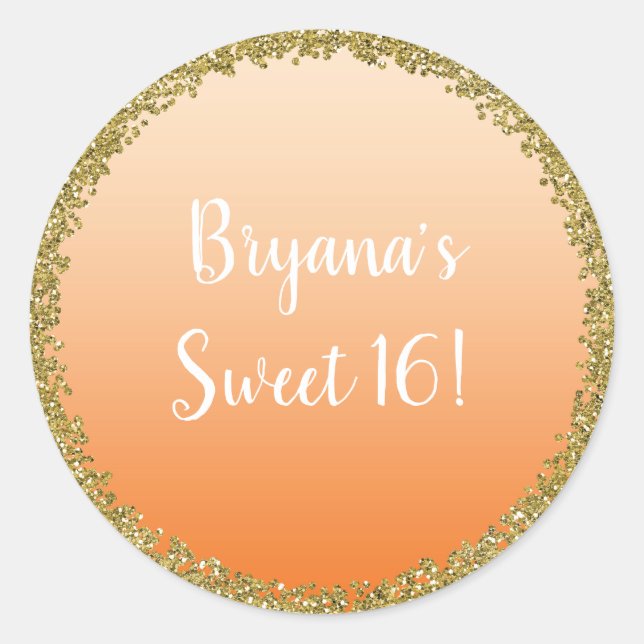 Orange Dipped Gold Glitter Glam Sparkle Party Classic Round Sticker (Front)