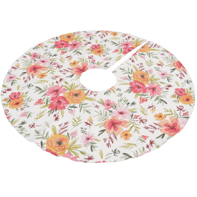 Orange Doodle Garden Flower Pattern Brushed Polyester Tree Skirt (Angled)