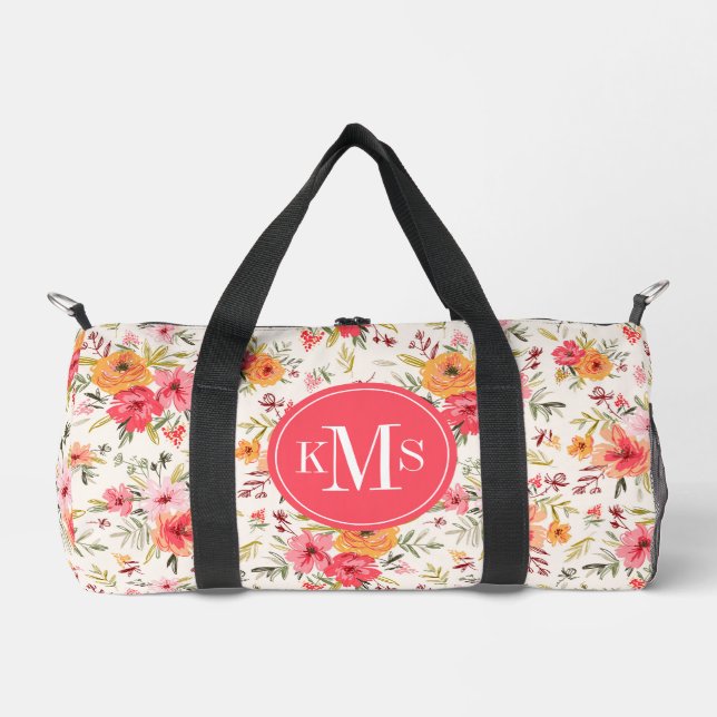 Orange Doodle Garden Flower Pattern Duffle Bag (Front)