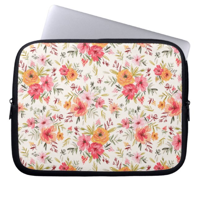 Orange Doodle Garden Flower Pattern Laptop Sleeve (Front)