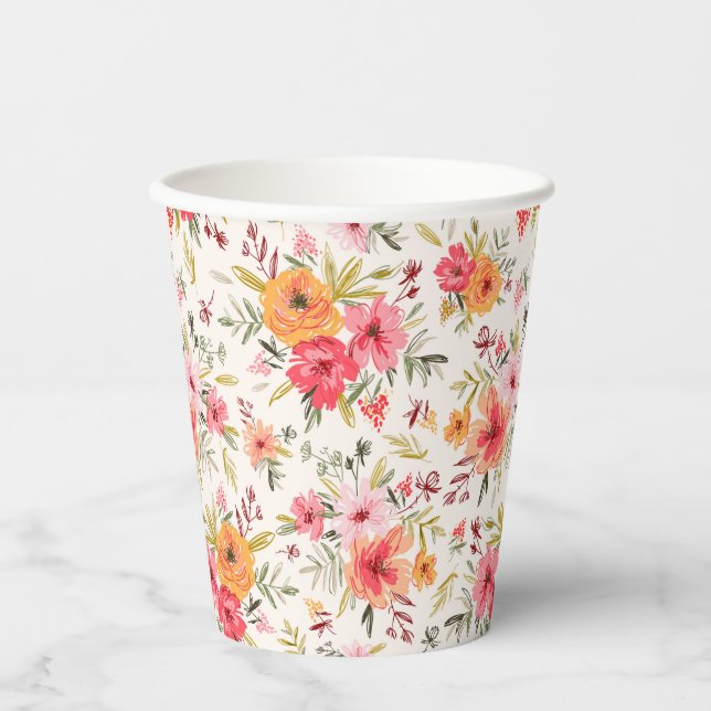 Orange Doodle Garden Flower Pattern Paper Cups (Front)