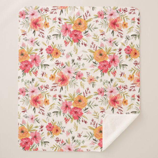 Orange Doodle Garden Flower Pattern Sherpa Blanket (Front)