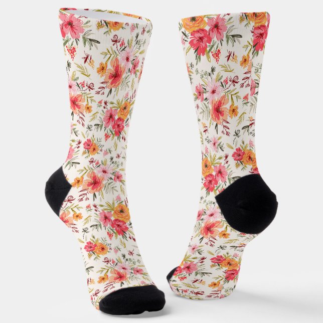 Orange Doodle Garden Flower Pattern Socks (Angled)