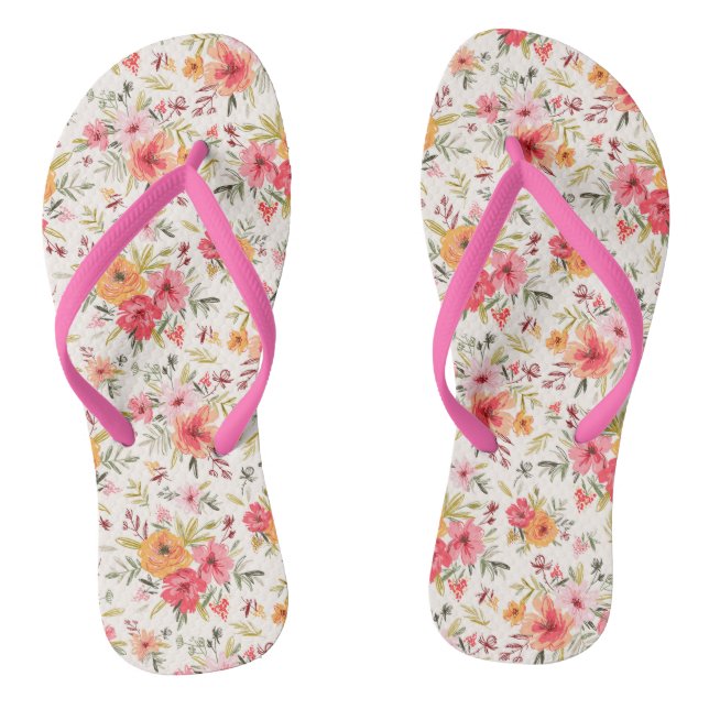 Orange Doodle Garden Flower Pattern Thongs (Footbed)