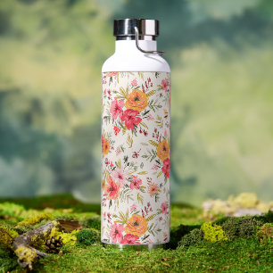 Orange Doodle Garden Flower Pattern Water Bottle