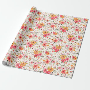 Orange Doodle Garden Flower Pattern Wrapping Paper