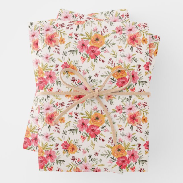 Orange Doodle Garden Flower Pattern Wrapping Paper Sheet (In situ)