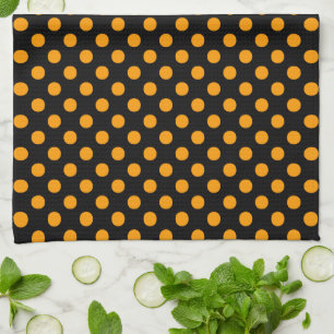 Orange Dots over Black Background Tea Towel