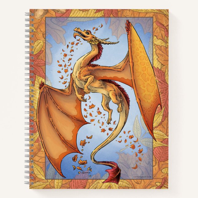 Orange "Dragon of Autumn" Fall Leaves Fantasy Art Notebook (Front)