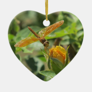 Orange Dragonfly on Yellow Rosebud Ceramic Ornament