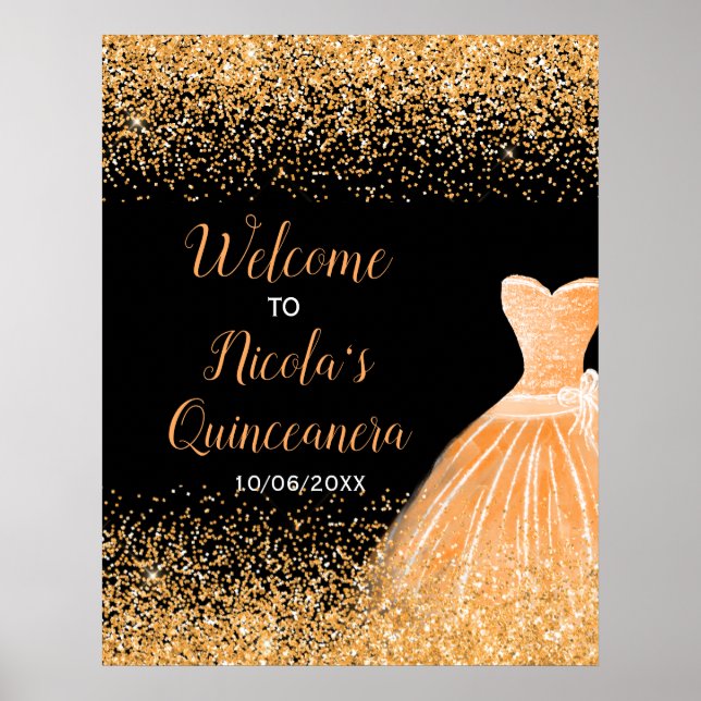 Orange Dress Faux Glitter Quinceanera Welcome Poster (Front)