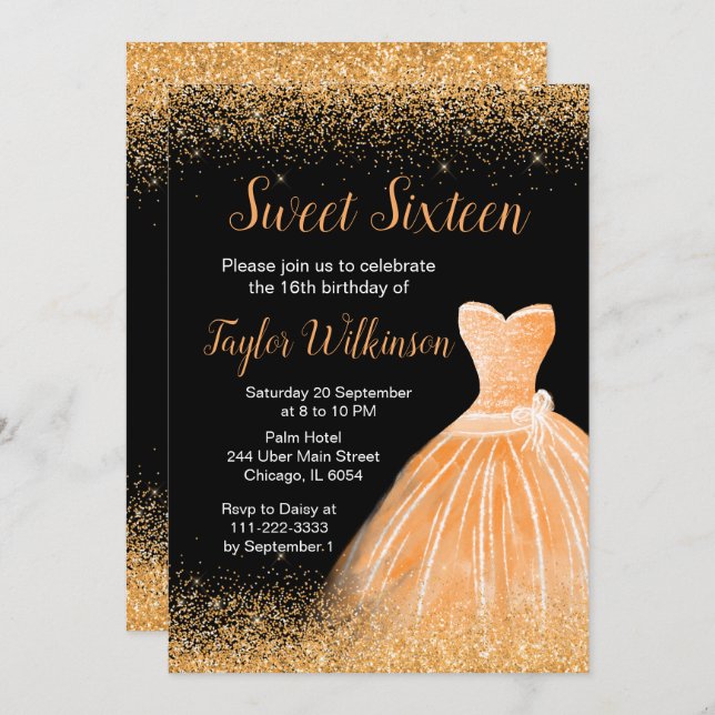 Orange Dress Faux Glitter Sweet 16 Birthday Invitation (Front/Back)