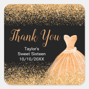 Orange Dress Faux Glitter Sweet 16 Birthday Square Sticker