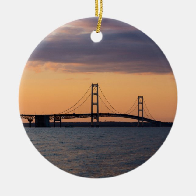 Orange Dusk Mackinac Bridge Ceramic Ornament (Front)
