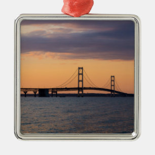 Orange Dusk Mackinac Bridge Metal Tree Decoration