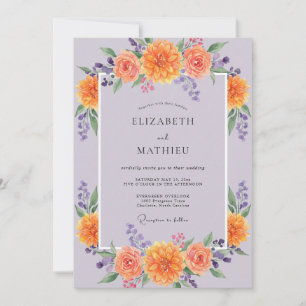 Orange Dusty Lilac Wildflower Wedding Invitation
