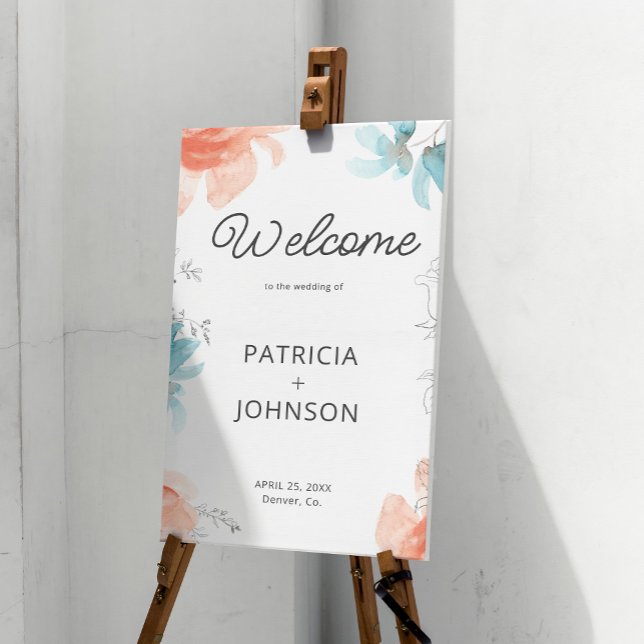 Orange dustyblue floral wedding welcome sign print (Digital download and print POSTER Easel NOT included!)