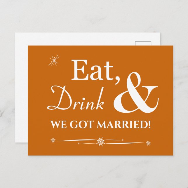 Orange Eat Drink We Got Married Retro Elopement Postcard (Front/Back)