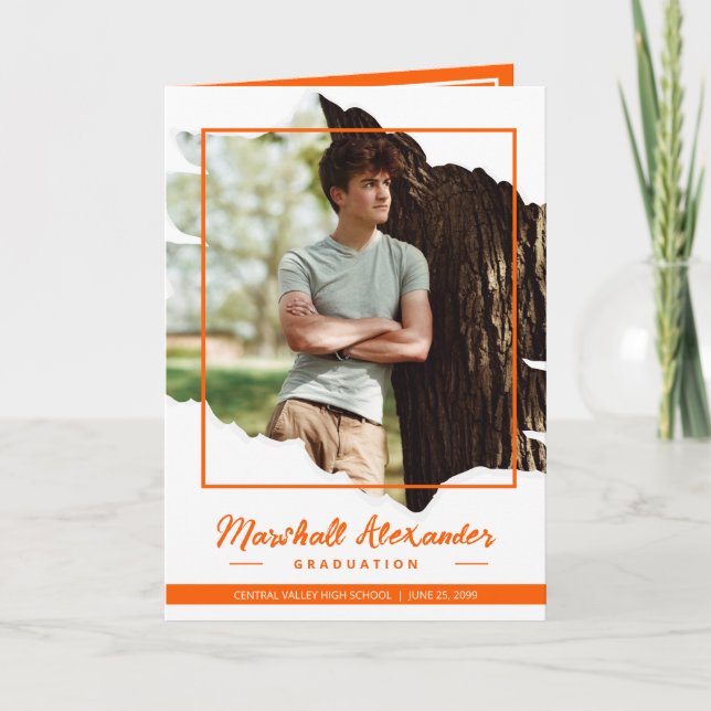Orange Edgy Abstract Torn Photo Graduation Invitation (Front)
