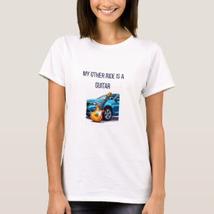 Orange Electric Guitar Leaning Against Blue Car wi T-Shirt