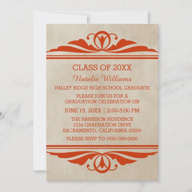 Orange Elegant Deco Graduation Invite (Front)
