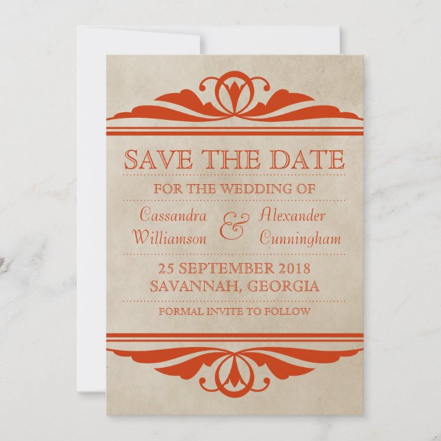 Orange Elegant Deco Save the Date Invite (Front)