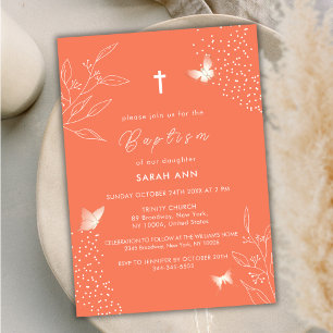 Orange Elegant Leaves Butterfly Cross Baptism Invitation