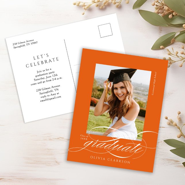 Orange Elegant Script Graduation Party Invitation Postcard (Creator Uploaded)