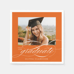 Orange Elegant Script Photo Graduation Party Napkin
