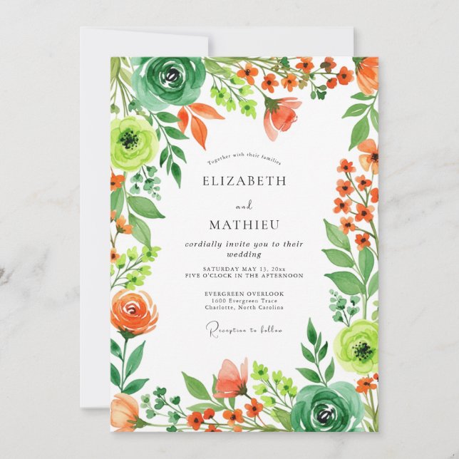 Orange Emerald Green Sparkling Spring Wedding Invitation (Front)