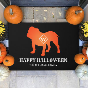 Orange English Bulldog Happy Halloween Family Name Doormat