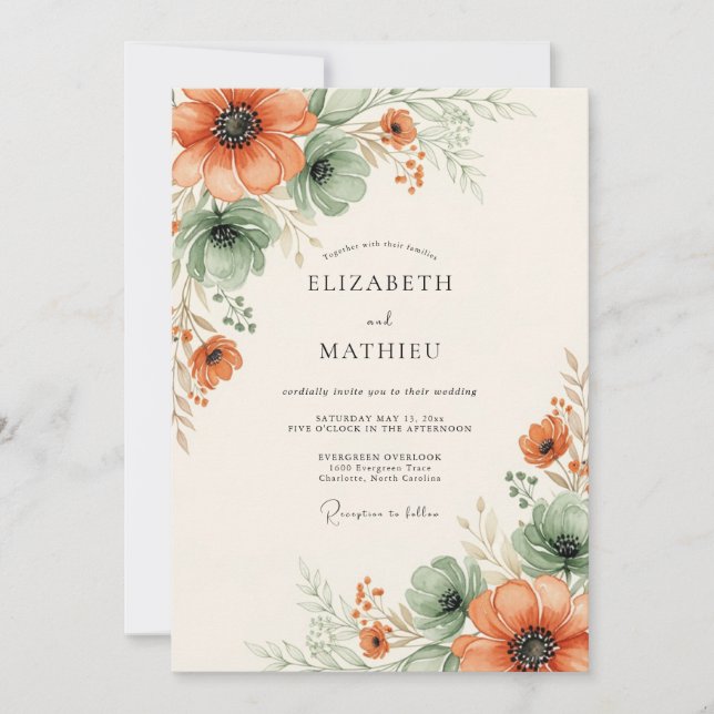 Orange Ethereal Floral Wedding Invitation (Front)