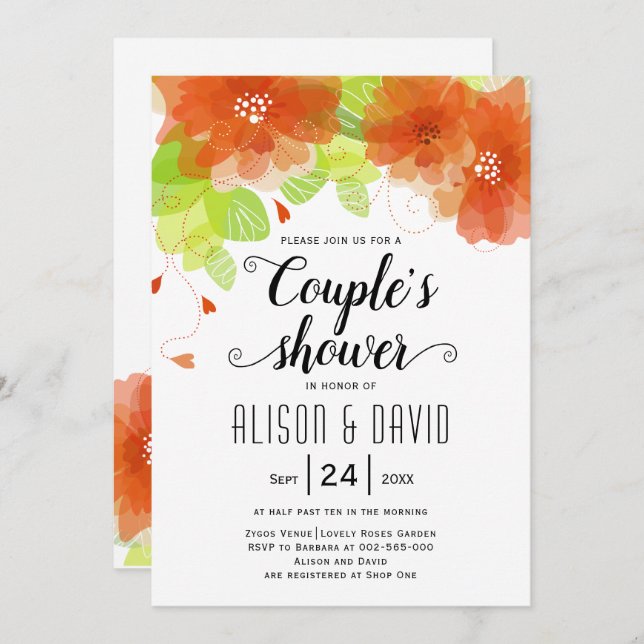 Orange ethereal flowers wedding couples shower invitation (Front/Back)