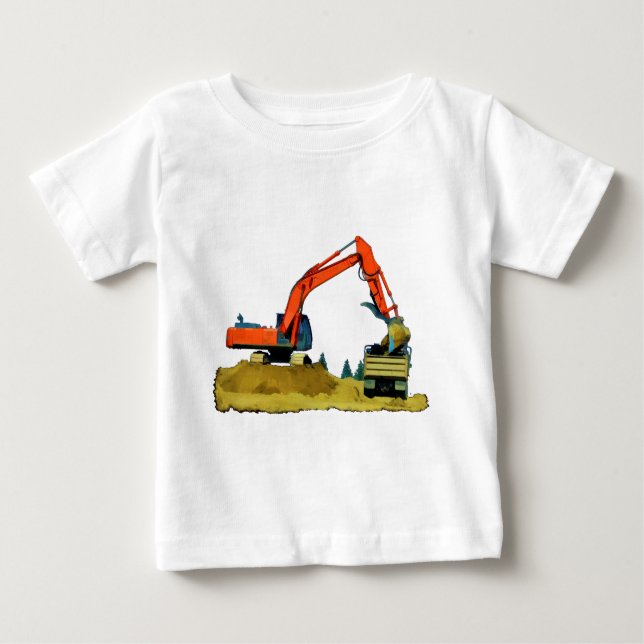 Orange Excavator and Yellow Dump-Truck Baby T-Shirt (Front)