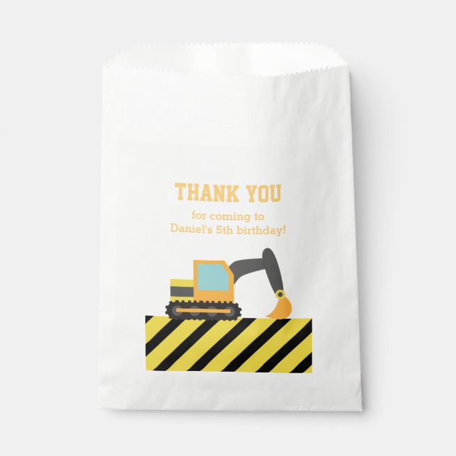 Orange Excavator Construction Kids Party Birthday Favour Bag (Front)