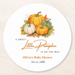 Orange Fall Autumn A Little Pumpkin Baby Shower Round Paper Coaster