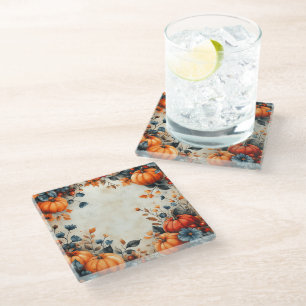 ORANGE FALL AUTUMN PUMPKIN VINES GLASS COASTER