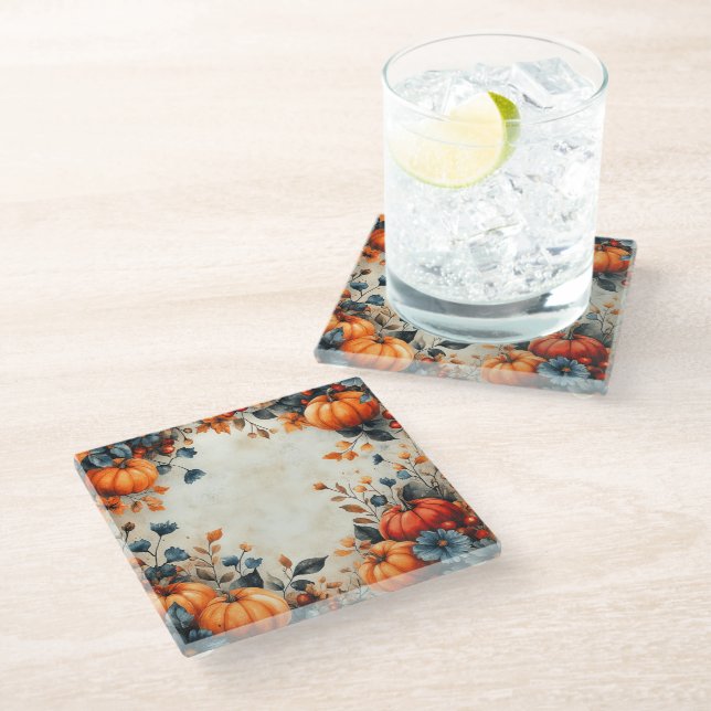 ORANGE FALL AUTUMN PUMPKIN VINES GLASS COASTER (Angled)