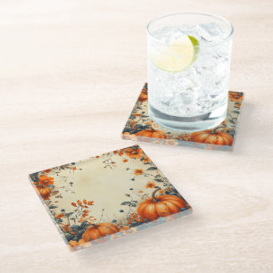 ORANGE FALL AUTUMN PUMPKIN VINES GLASS COASTER