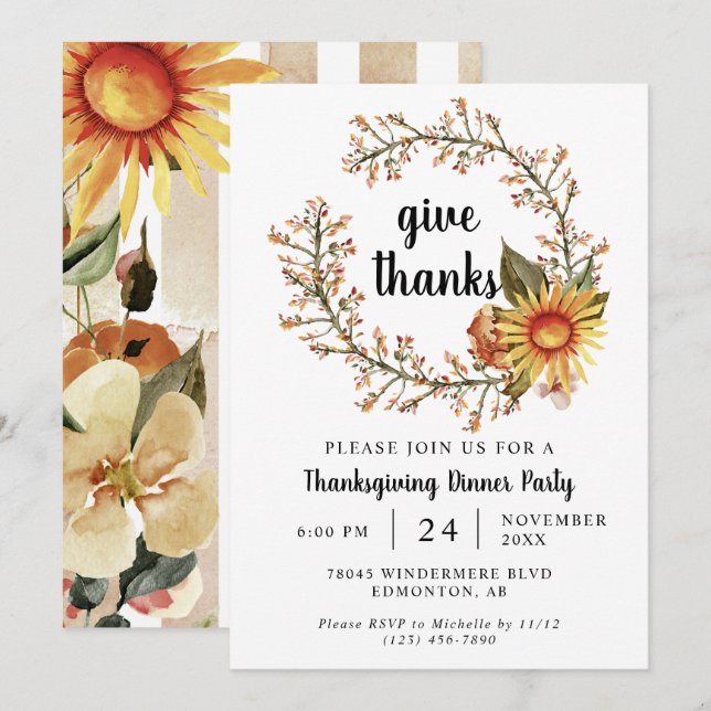 Orange Fall Colours Flowers Thanksgiving Dinner Invitation (Front/Back)