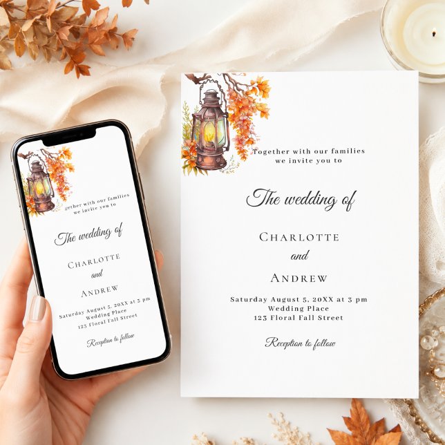 Orange fall florals lantern rustic boho wedding invitation (Creator Uploaded)