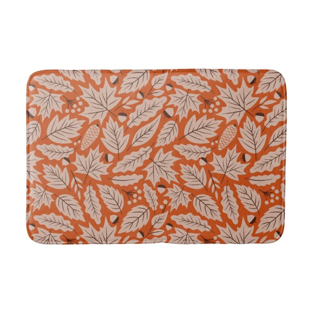 Orange Fall Leaves & Acorns Pattern Bath Mat (Front)
