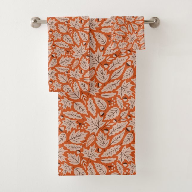Orange Fall Leaves & Acorns Pattern Bath Towel Set (Insitu)