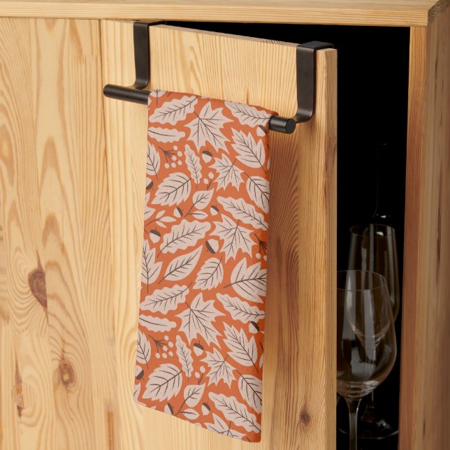 Orange Fall Leaves & Acorns Pattern Tea Towel (Thirds Fold)