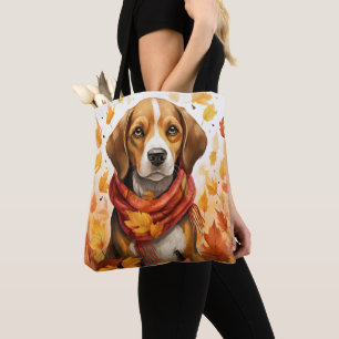 ORANGE FALL LEAVES & BROWN & WHITE BEAGLE DOG TOTE BAG