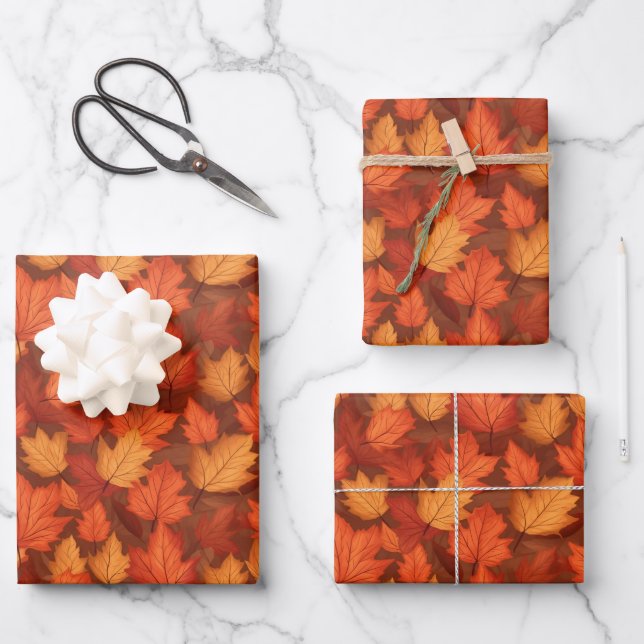 Orange fall leaves wrapping paper sheet (Front)