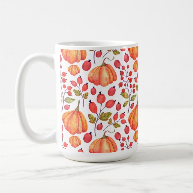 ORANGE FALL PUMPKINS & RED HOLLY BERRIES COFFEE MUG (Left)