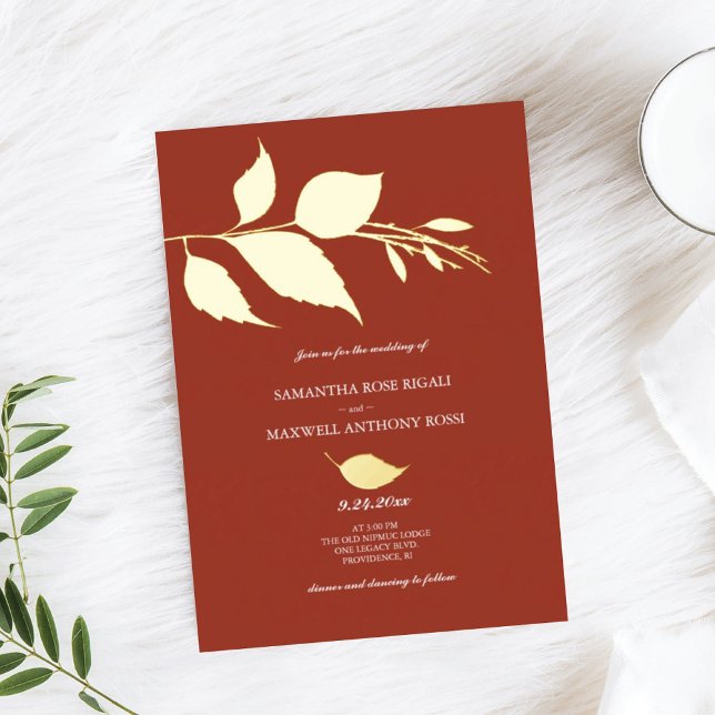 Orange Fall Themed Wedding Invitations (orange wedding invitation orange gold foil minimalistic leaves)