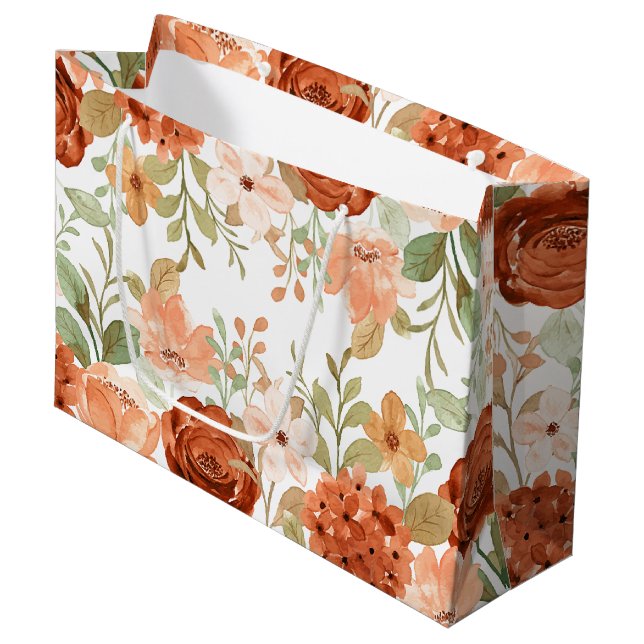 Orange fall watercolor floral  large gift bag (Front Angled)